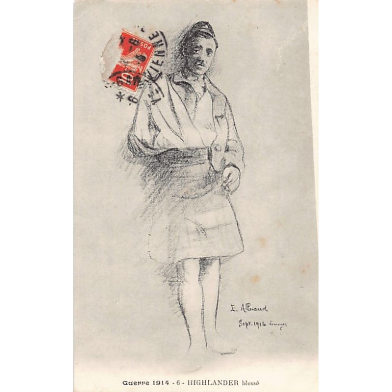 British Army - World War One - Wounded Highlander in Limoges (France) from a drawing by E. Alluaud (September 1914) - Publ. unkn